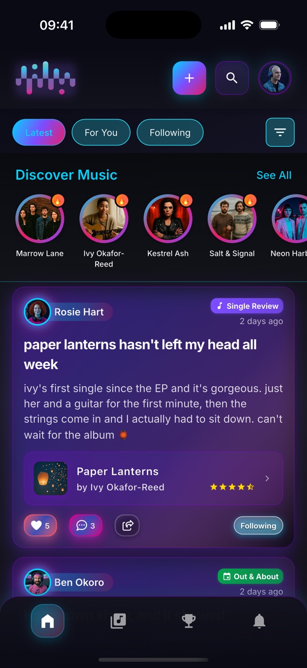 The LYM home feed, showing a fan's single review with a four-and-a-half-star rating
