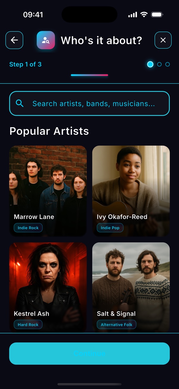 Step 1 of writing a review: search for the artist it's about